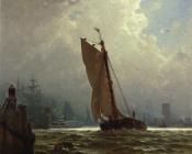 阿尔弗雷德 汤普森 布雷奇 : New York Harbor with the Brooklyn Bridge Under Construction